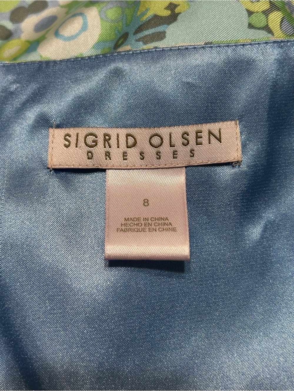 Sigrid Olsen Blue Satin Lined Dress with Floral Trim - Picture 5 of 6